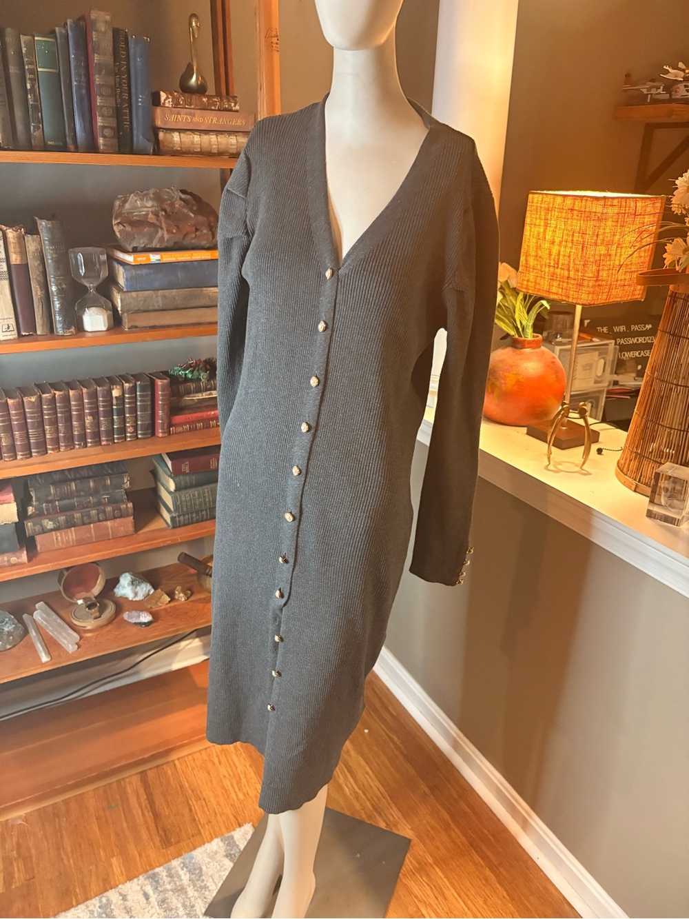 Nanette Lepore Black Long-Sleeve Button-Front Ribbed Knit Dress